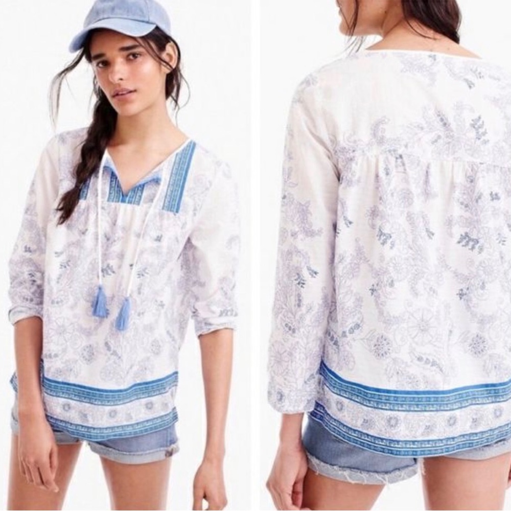 J Crew Point Sur Size XXS Blue Floral Tassel Neck Tie Metallic Stripe Blouse